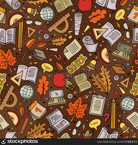 Cartoon cute hand drawn Back to school seamless pattern. Colorful detailed, with lots of objects background. Endless funny vector illustration. Bright colors backdrop with education items.. Cartoon Back to school seamless pattern