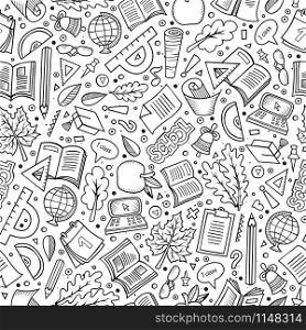 Cartoon cute hand drawn Back to school seamless pattern. Sketchy detailed, with lots of objects background. Endless funny vector illustration. Line art backdrop with education items.. Cartoon Back to school seamless pattern