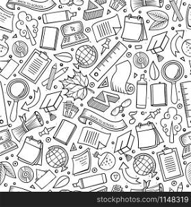Cartoon cute hand drawn Back to school seamless pattern. Sketchy detailed, with lots of objects background. Endless funny vector illustration. Line art backdrop with education items.. Cartoon Back to school seamless pattern