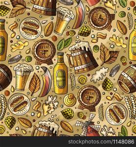 Cartoon cute hand drawn Beer fest seamless pattern. Colorful with lots of objects background. Endless funny vector illustration. Cartoon cute hand drawn Beer fest seamless pattern