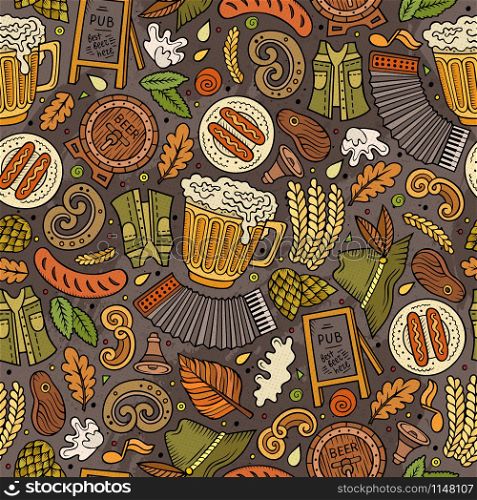 Cartoon cute hand drawn Beer fest seamless pattern. Colorful with lots of objects background. Endless funny vector illustration. Cartoon cute hand drawn Beer fest seamless pattern