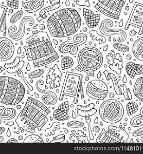 Cartoon cute hand drawn Beer fest seamless pattern. Line art with lots of objects background. Endless funny vector illustration. Cartoon cute hand drawn Beer fest seamless pattern