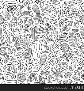 Cartoon cute hand drawn Beer fest seamless pattern. Line art with lots of objects background. Endless funny vector illustration. Cartoon cute hand drawn Beer fest seamless pattern