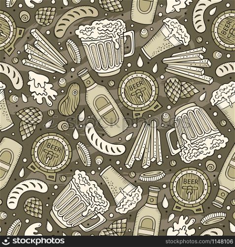 Cartoon cute hand drawn Beer fest seamless pattern. Monochrome with lots of objects background. Endless funny vector illustration. Cartoon cute hand drawn Beer fest seamless pattern