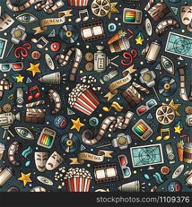 Cartoon cute hand drawn Cinema seamless pattern. Colorful detailed, with lots of objects background. Endless funny vector illustration. Cartoon cute hand drawn Cinema seamless pattern