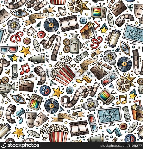 Cartoon cute hand drawn Cinema seamless pattern. Colorful detailed, with lots of objects background. Endless funny vector illustration. Cartoon cute hand drawn Cinema seamless pattern