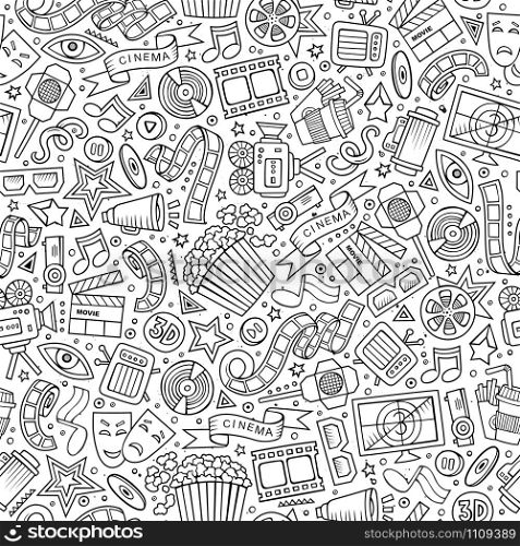 Cartoon cute hand drawn Cinema seamless pattern. Line art detailed, with lots of objects background. Endless funny vector illustration. Cartoon cute hand drawn Cinema seamless pattern