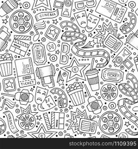 Cartoon cute hand drawn Cinema seamless pattern. Line art detailed, with lots of objects background. Endless funny vector illustration. Cartoon cute hand drawn Cinema seamless pattern