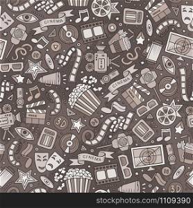 Cartoon cute hand drawn Cinema seamless pattern. Monochrome detailed, with lots of objects background. Endless funny vector illustration. Cartoon cute hand drawn Cinema seamless pattern