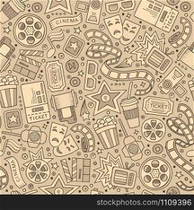 Cartoon cute hand drawn Cinema seamless pattern. Monochrome detailed, with lots of objects background. Endless funny vector illustration. Cartoon cute hand drawn Cinema seamless pattern