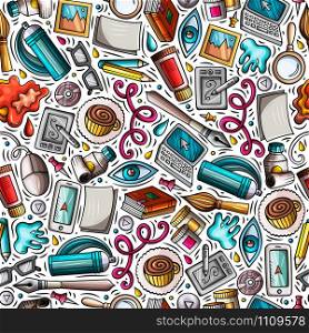 Cartoon cute hand drawn Design and Art seamless pattern. Colorful detailed, with lots of objects background. Endless funny vector illustration.. Cartoon cute hand drawn Design and Art seamless pattern