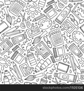 Cartoon cute hand drawn Design and Art seamless pattern. Illustration with lots of elements. Endless funny vector background. Cartoon cute hand drawn Design and Art seamless pattern