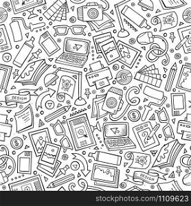 Cartoon cute hand drawn Design seamless pattern. Line art detailed, with lots of objects background. Endless funny vector illustration. Sketchy graphic designer backdrop.. Cartoon cute hand drawn Design seamless pattern