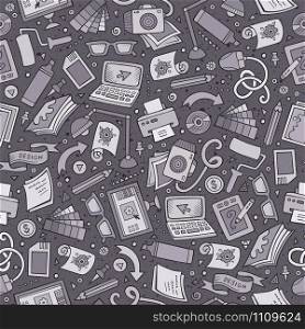 Cartoon cute hand drawn Design seamless pattern. Line art detailed, with lots of objects background. Endless funny vector illustration. Monochrome graphic designer backdrop.. Cartoon cute hand drawn Design seamless pattern