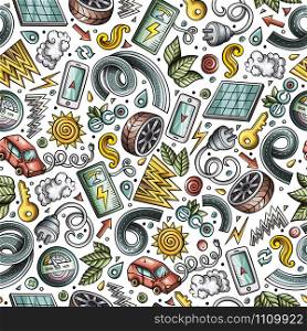 Cartoon cute hand drawn electric cars seamless pattern. Colorful detailed, with lots of objects background. Endless funny vector illustration. Bright colors backdrop. Cartoon cute hand drawn electric cars seamless pattern