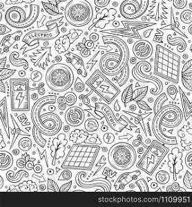 Cartoon cute hand drawn electric vehicles seamless pattern. Line art detailed, with lots of objects background. Endless funny vector illustration. Contour backdrop. Cartoon cute hand drawn electric cars seamless pattern