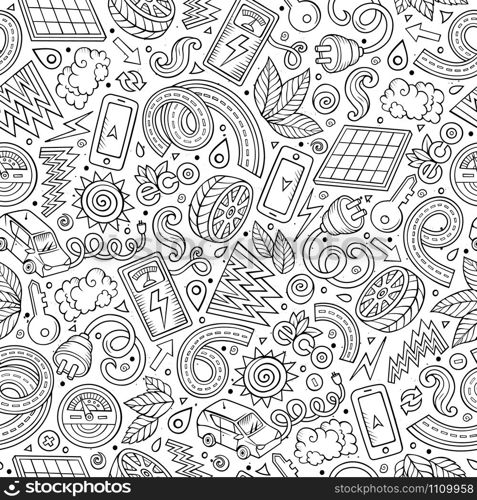 Cartoon cute hand drawn electric vehicles seamless pattern. Line art detailed, with lots of objects background. Endless funny vector illustration. Contour backdrop. Cartoon cute hand drawn electric cars seamless pattern