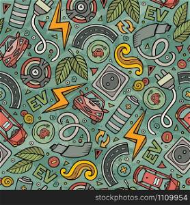 Cartoon cute hand drawn electric vehicles seamless pattern. Colorful detailed, with lots of objects background. Endless funny vector illustration. Bright colors backdrop. Cartoon cute hand drawn electric cars seamless pattern