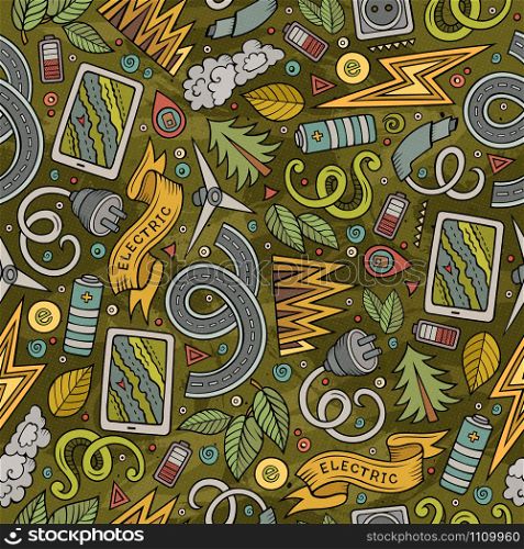 Cartoon cute hand drawn electric vehicles seamless pattern. Colorful detailed, with lots of objects background. Endless funny vector illustration. Bright colors backdrop. Cartoon cute hand drawn electric cars seamless pattern