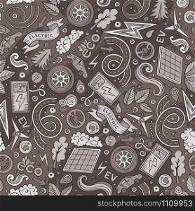 Cartoon cute hand drawn electric vehicles seamless pattern. Monochrome detailed, with lots of objects background. Endless funny vector illustration. Toned backdrop. Cartoon cute hand drawn electric cars seamless pattern