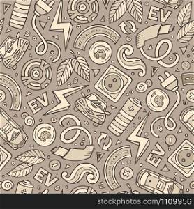 Cartoon cute hand drawn electric vehicles seamless pattern. Monochrome detailed, with lots of objects background. Endless funny vector illustration. Toned backdrop. Cartoon cute hand drawn electric cars seamless pattern