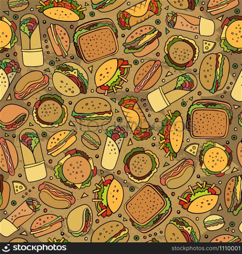 Cartoon cute hand drawn Fast food seamless pattern. Colorful with lots of objects background. Endless funny vector illustration. Bright colors backdrop with fastfood symbols and items. Cartoon cute hand drawn Fast food seamless pattern.