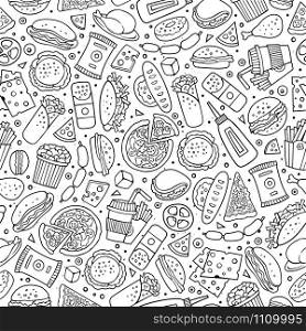 Cartoon cute hand drawn Fast food seamless pattern. Line art with lots of objects background. Endless funny vector illustration. Sketch backdrop with fastfood symbols and items. Cartoon cute hand drawn Fast food seamless pattern.