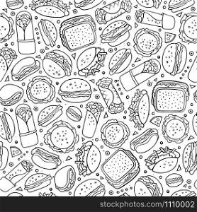 Cartoon cute hand drawn Fast food seamless pattern. Line art with lots of objects background. Endless funny vector illustration. Sketch backdrop with fastfood symbols and items. Cartoon cute hand drawn Fast food seamless pattern.