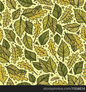 Cartoon cute hand drawn Green leaves seamless pattern. Colorful detailed, with lots of objects background. Endless funny vector illustration. Bright colors backdrop.. Cartoon cute hand drawn Green leaves seamless pattern