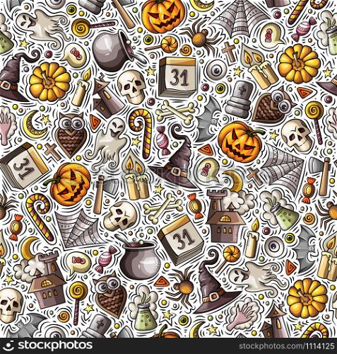 Cartoon cute hand drawn Halloween seamless pattern. Colorful detailed, with lots of objects background. Endless funny vector illustration. Bright colors holiday backdrop.. Cartoon cute hand drawn Halloween seamless pattern