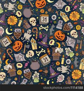 Cartoon cute hand drawn Halloween seamless pattern. Colorful detailed, with lots of objects background. Endless funny vector illustration. Bright colors holiday backdrop.. Cartoon cute hand drawn Halloween seamless pattern