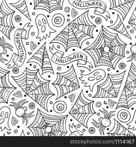 Cartoon cute hand drawn Halloween seamless pattern. Line art detailed, with lots of objects background. Endless funny vector illustration. Bright colors holiday backdrop.. Cartoon cute hand drawn Halloween seamless pattern