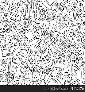 Cartoon cute hand drawn Halloween seamless pattern. Line art detailed, with lots of objects background. Endless funny vector illustration. Sketchy holiday backdrop.. Cartoon cute hand drawn Halloween seamless pattern
