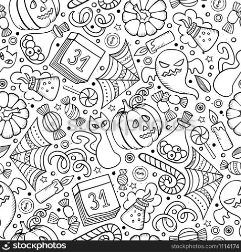 Cartoon cute hand drawn Halloween seamless pattern. Line art detailed, with lots of objects background. Endless funny vector illustration. Sketchy holiday backdrop.. Cartoon cute hand drawn Halloween seamless pattern