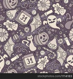 Cartoon cute hand drawn Halloween seamless pattern. Monochrome detailed, with lots of objects background. Endless funny vector illustration. Cartoon cute hand drawn Halloween seamless pattern