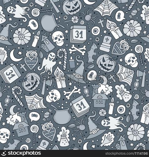 Cartoon cute hand drawn Halloween seamless pattern. Toned detailed, with lots of objects background. Endless funny vector illustration. Cartoon cute hand drawn Halloween seamless pattern
