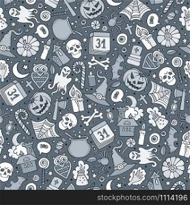 Cartoon cute hand drawn Halloween seamless pattern. Toned detailed, with lots of objects background. Endless funny vector illustration. Cartoon cute hand drawn Halloween seamless pattern