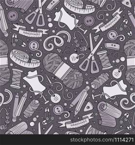 Cartoon cute hand drawn Handmade seamless pattern. Toned detailed, with lots of objects background. Endless funny vector illustration. Cartoon cute hand drawn Handmade seamless pattern