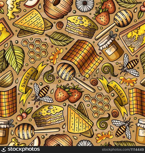 Cartoon cute hand drawn Honey seamless pattern. Colorful detailed, with lots of objects background. Endless funny vector illustration. Bright colors backdrop. Cartoon cute Honey seamless pattern