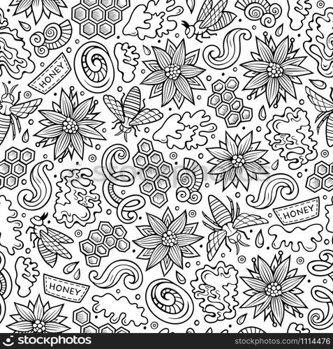 Cartoon cute hand drawn Honey seamless pattern. Line art detailed, with lots of objects background. Endless funny vector illustration. Contour backdrop. Cartoon cute Honey seamless pattern