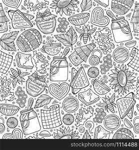 Cartoon cute hand drawn Honey seamless pattern. Line art detailed, with lots of objects background. Endless funny vector illustration. Contour backdrop. Cartoon cute Honey seamless pattern