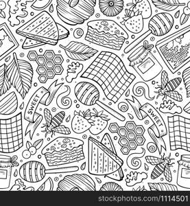 Cartoon cute hand drawn Honey seamless pattern. Line art detailed, with lots of objects background. Endless funny vector illustration. Contour backdrop. Cartoon cute Honey seamless pattern