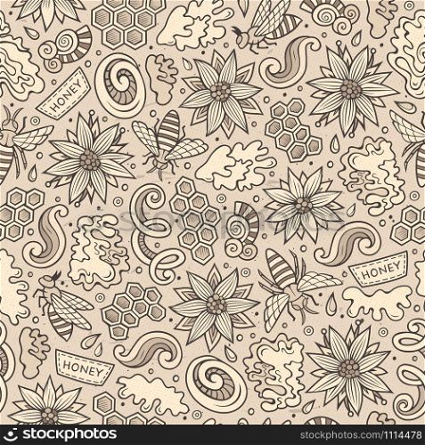 Cartoon cute hand drawn Honey seamless pattern. Monochrome detailed, with lots of objects background. Endless funny vector illustration. Toned backdrop. Cartoon cute Honey seamless pattern
