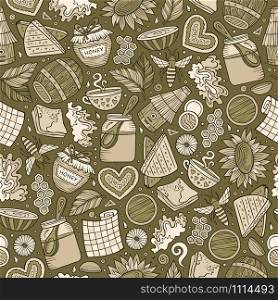 Cartoon cute hand drawn Honey seamless pattern. Monochrome detailed, with lots of objects background. Endless funny vector illustration. Toned backdrop. Cartoon cute Honey seamless pattern