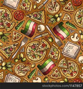 Cartoon cute hand drawn Italian food seamless pattern. Colorful with lots of objects background. Endless funny vector illustration.. Cartoon cute hand drawn Italian food seamless pattern.