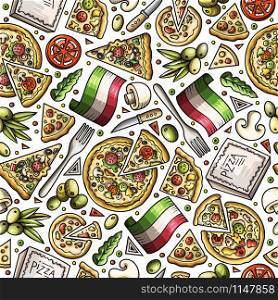 Cartoon cute hand drawn Italian food seamless pattern. Colorful with lots of objects background. Endless funny vector illustration.. Cartoon cute hand drawn Italian food seamless pattern.