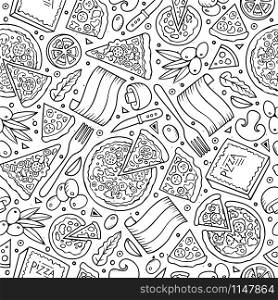 Cartoon cute hand drawn Italian food seamless pattern. Line art with lots of objects background. Endless funny vector illustration.. Cartoon cute hand drawn Italian food seamless pattern.