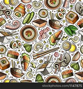 Cartoon cute hand drawn Japan food seamless pattern. Colorful with lots of objects background. Endless funny vector illustration. Bright colors backdrop with japanese cuisine symbols and items. Cartoon cute hand drawn Japan food seamless pattern