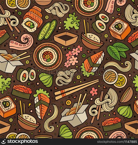 Cartoon cute hand drawn Japan food seamless pattern. Colorful with lots of objects background. Endless funny vector illustration. Bright colors backdrop with japanese cuisine symbols and items. Cartoon cute hand drawn Japan food seamless pattern