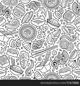 Cartoon cute hand drawn Japan food seamless pattern. Line art with lots of objects background. Endless funny vector illustration. Sketchy backdrop with japanese cuisine symbols and items. Cartoon cute hand drawn Japan food seamless pattern